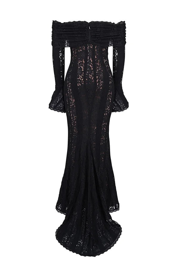 Lune London | Floral Lace Off Shoulder Flare Sleeve Fishtail Maxi Dresses - White