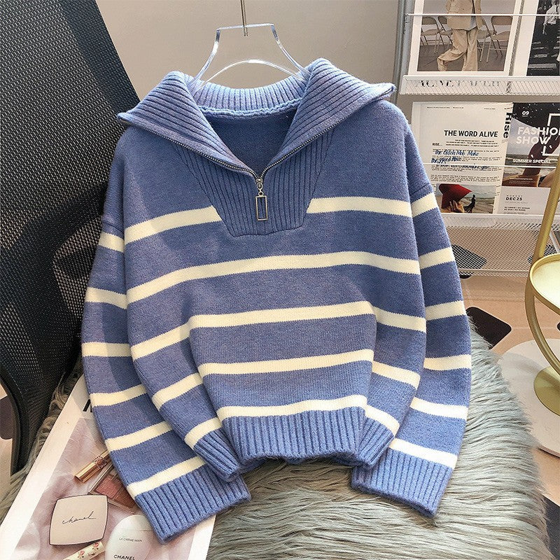 Lune London | Fashionable loose-fitting striped cashmere sweater with zipper ideal for winter
