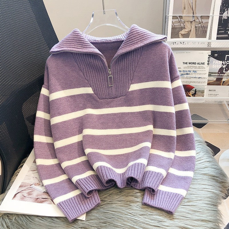Lune London | Fashionable loose-fitting striped cashmere sweater with zipper ideal for winter