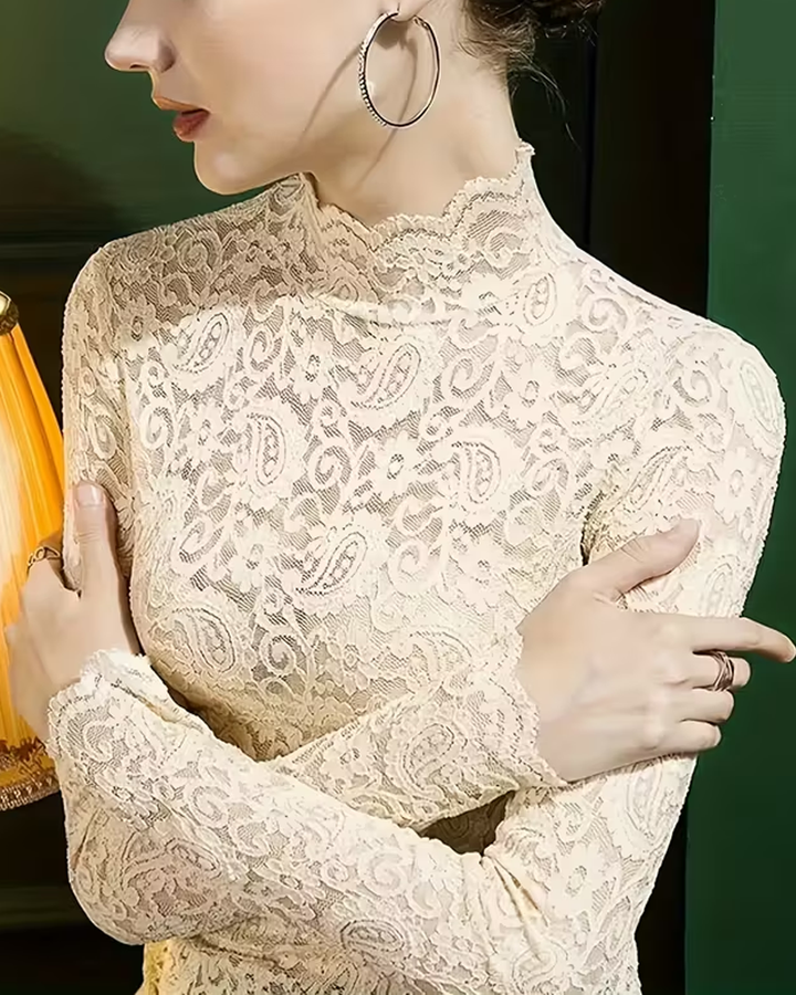 Lune London | Elegant Solid Color Half Neck Long Sleeve Lace