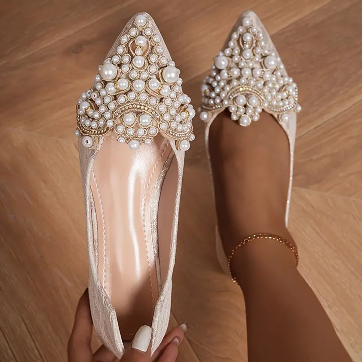 Lune London | Elegant Bridal Ballet Flats with Lace and Artificial Pearls