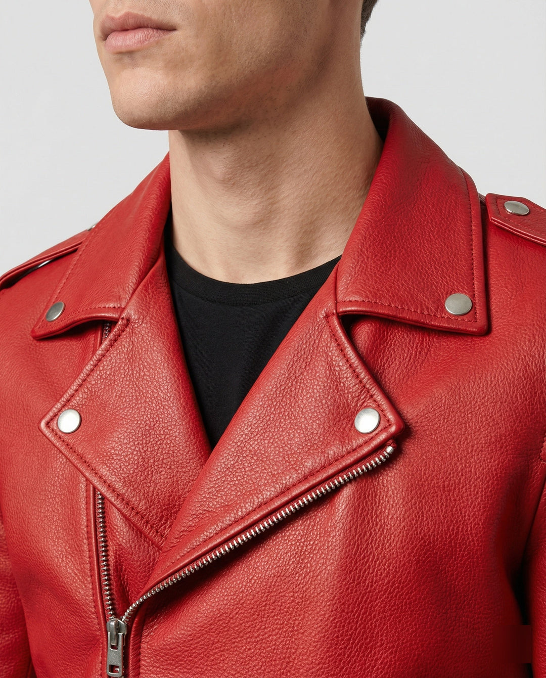 Men's Genuine Leather Biker Jacket with Design Accents