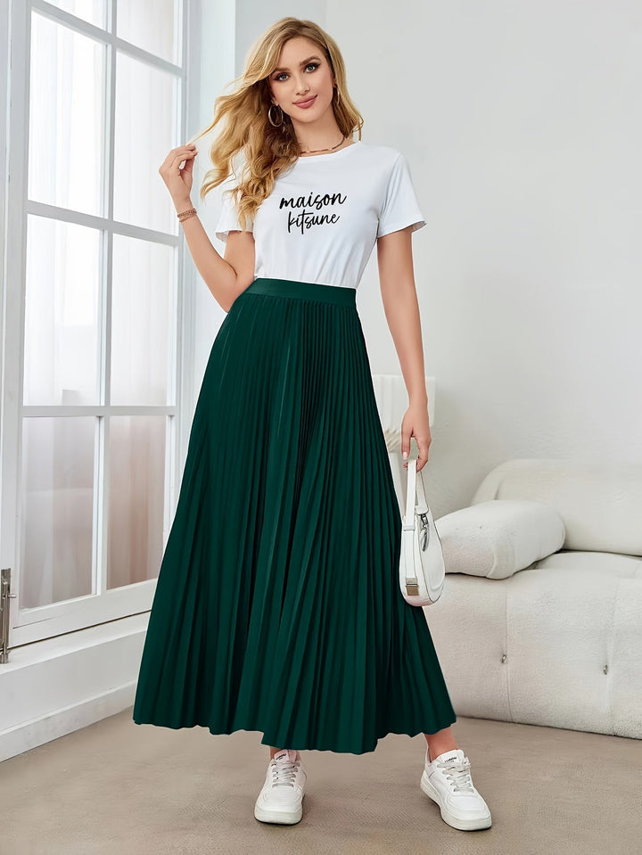 Lune London | Solid Color Pleated Midi Skirt with Elastic Waistband