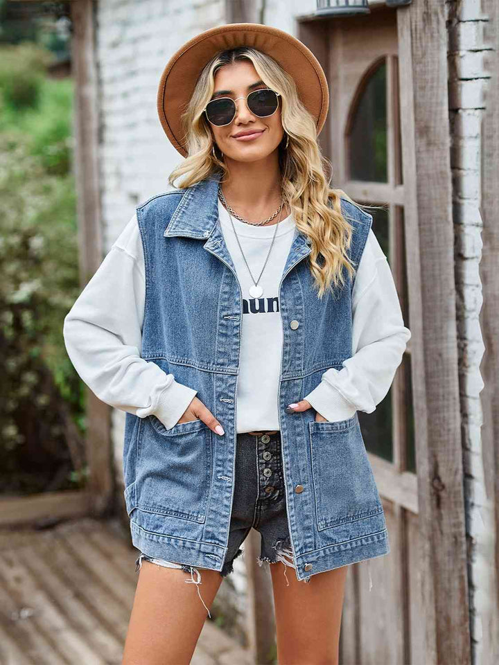 Lune London | Button-Front Sleeveless Denim Jacket