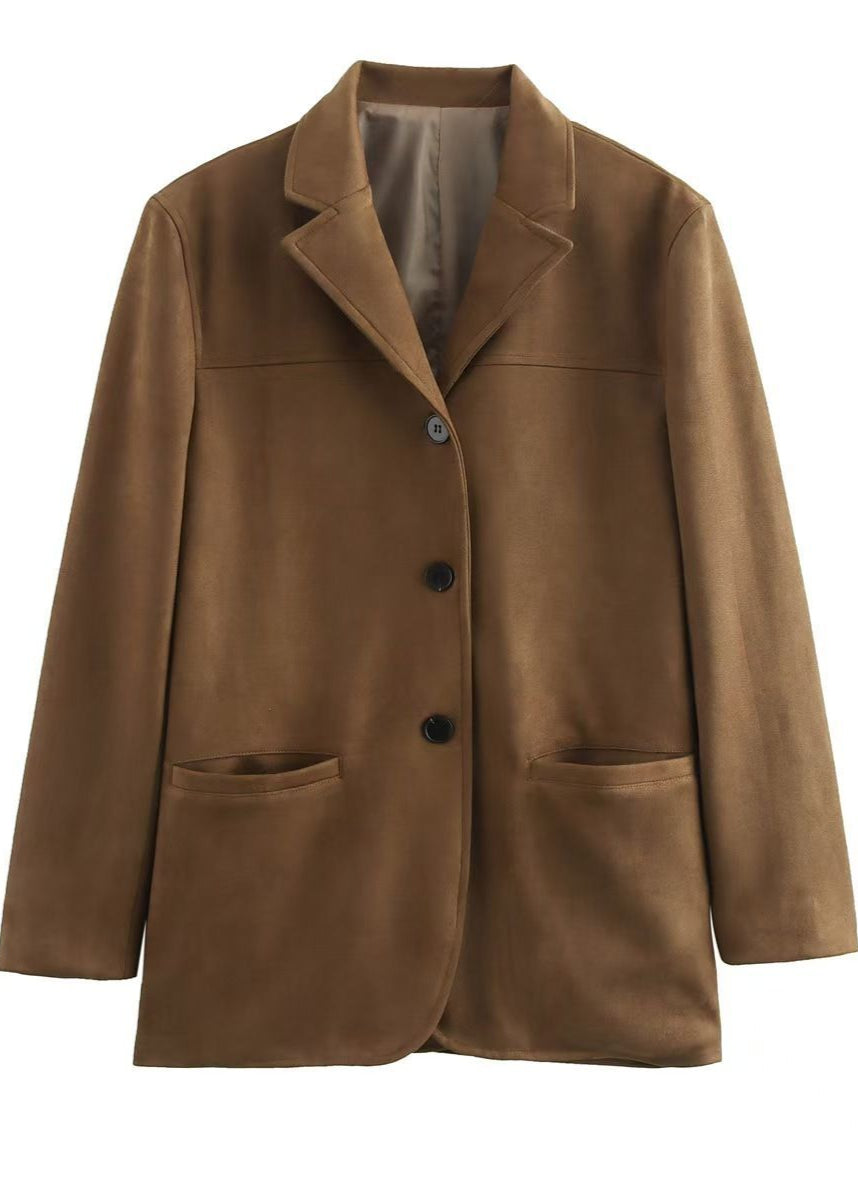 Lune London | Suede Button-Front Blazer with Patch Pockets