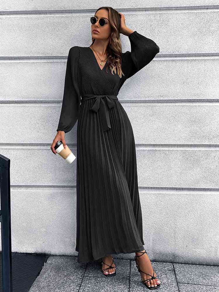 Lune London | V-neck Tie Belt Pleated Maxi Dress