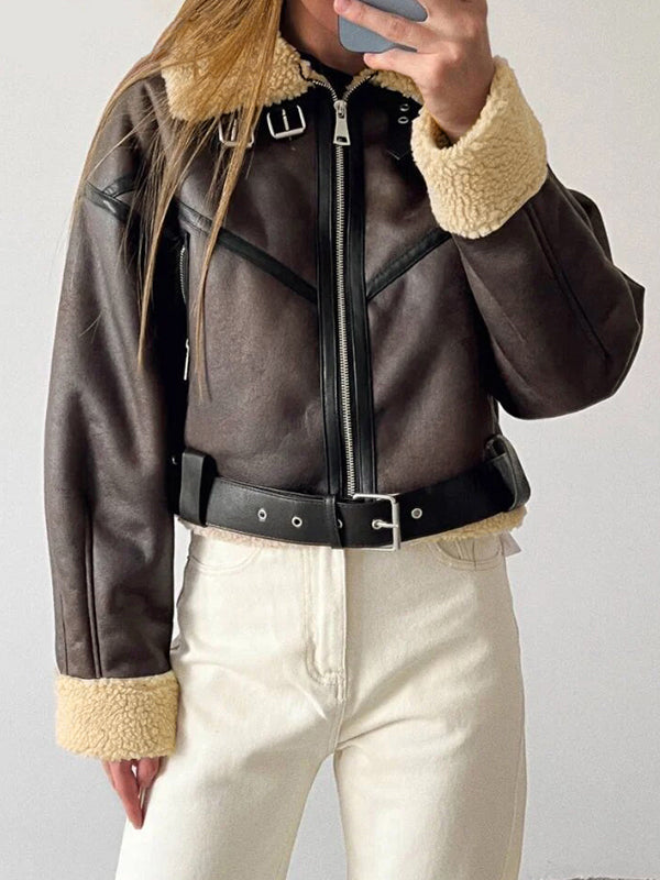 Lune London | Brown lambswool lined leather splice short jacket