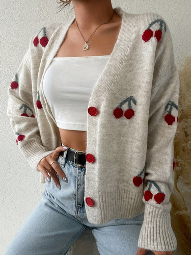 Lune London | Veste décontractée pour femmes / Cardigan avec boutons et motif cerise - Léger - chaud - Parfait pour l'automne/l'hiver