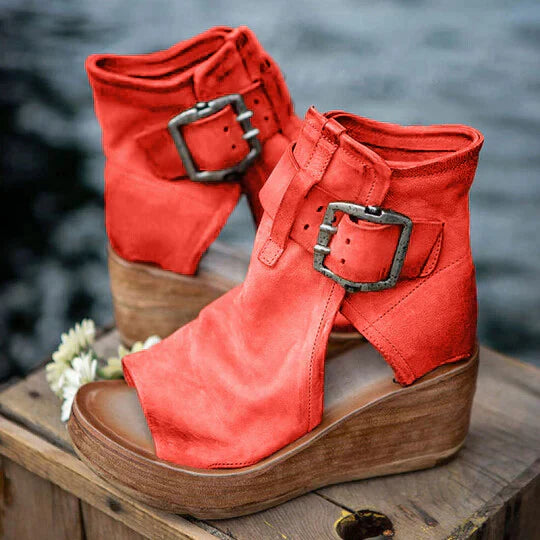 Lune London | Offene High Top Sandalen mit Keilabsatz und Schnalle für Damen