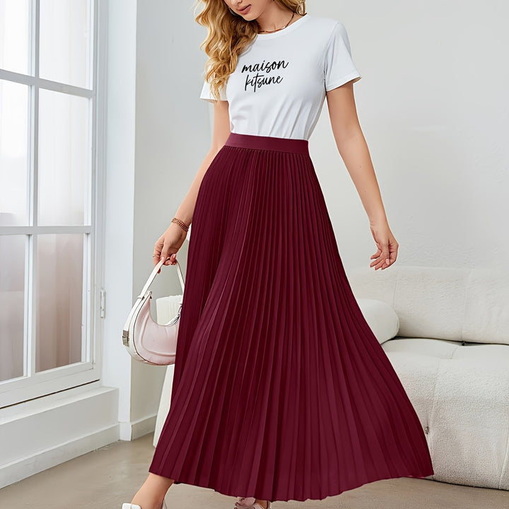 Lune London | Solid Color Pleated Midi Skirt with Elastic Waistband