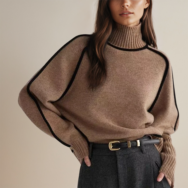 Lune London | Women's Warm Turtleneck Sweater with 3D Stripes Casual Knitted Sweater