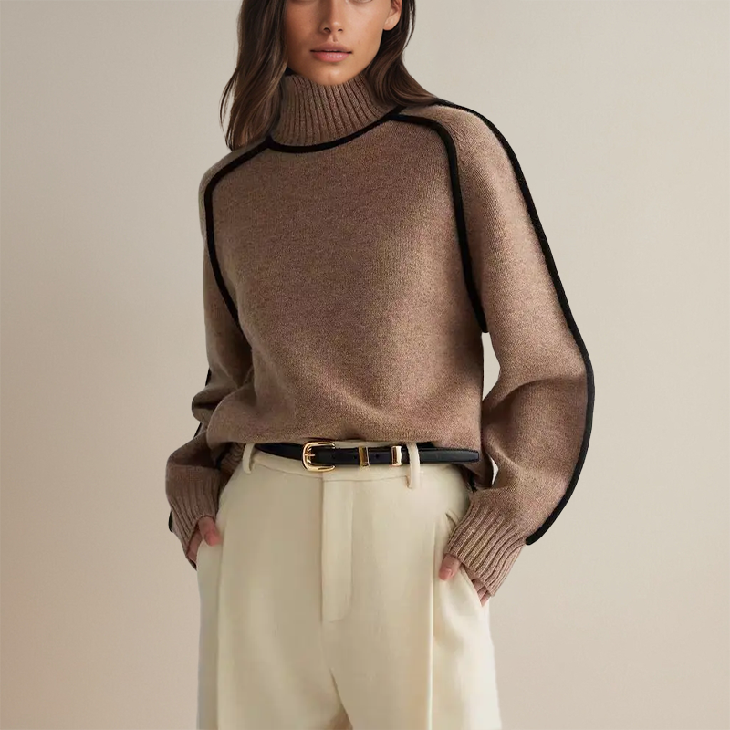 Lune London | Women's Warm Turtleneck Sweater with 3D Stripes Casual Knitted Sweater