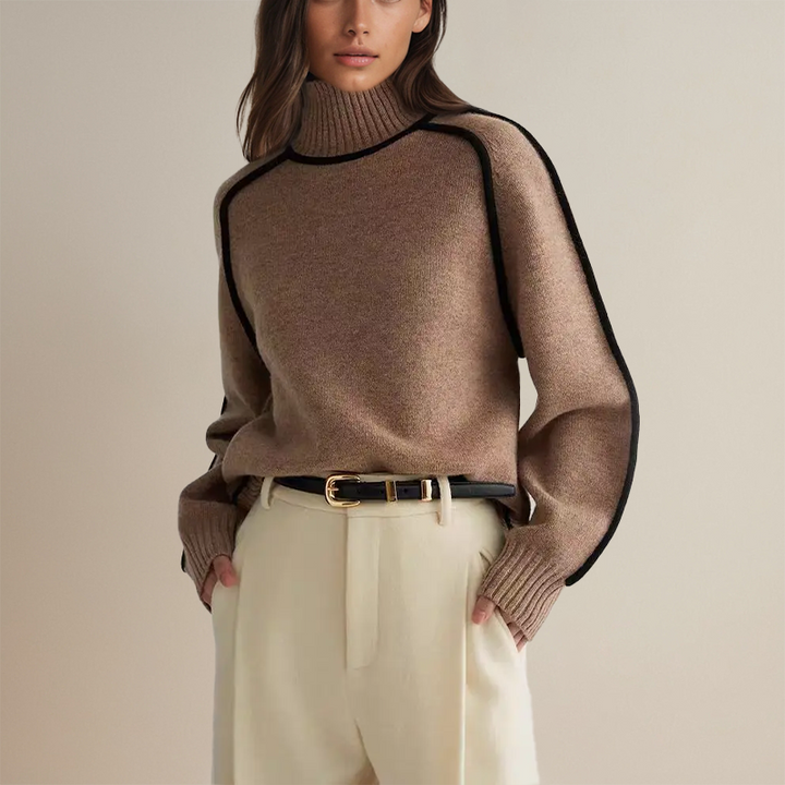 Lune London | Women's Warm Turtleneck Sweater with 3D Stripes Casual Knitted Sweater