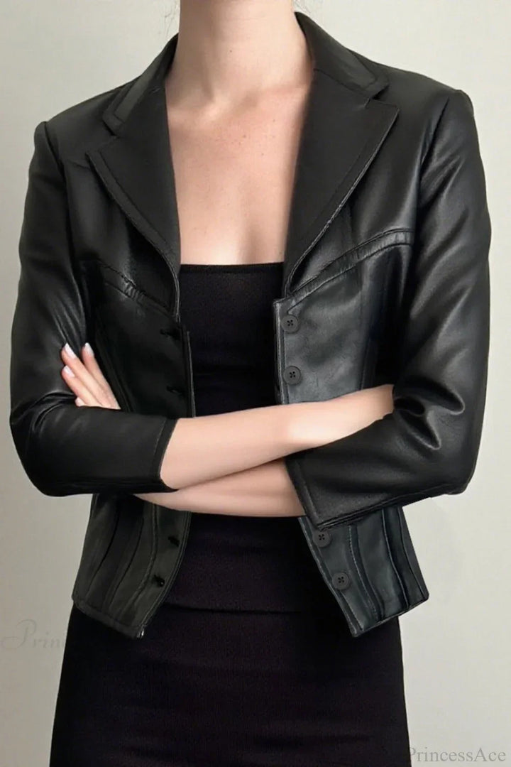 Lune London | Cropped Notch Collar Leather Slim-Fit Jacket