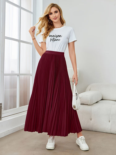 Lune London | Solid Color Pleated Midi Skirt with Elastic Waistband