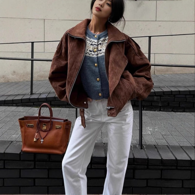 Chic und Stil | Oversized bomber jacket in a suede look with an asymmetrical zipper