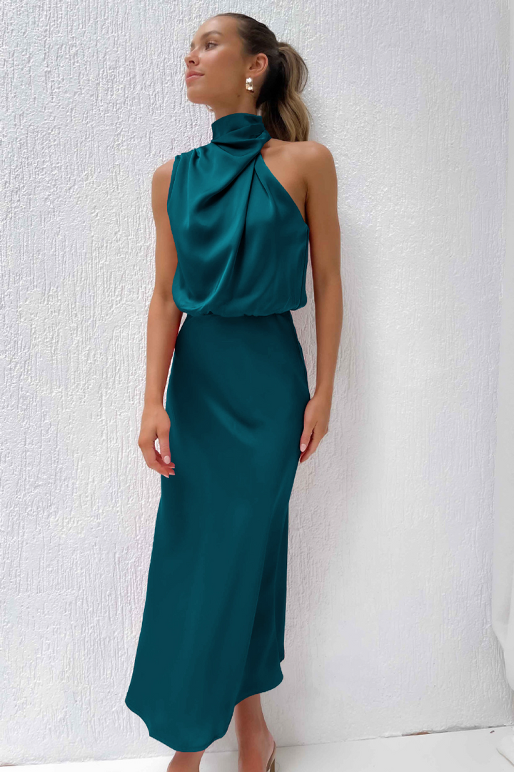 Lune London | Elegant midi dress with asymmetric round neckline