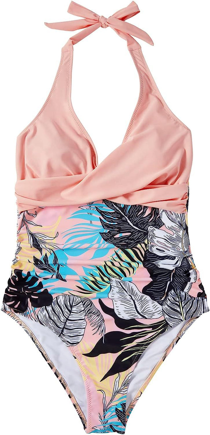 Chic und Stil | Halter-neck swimsuit with V-neckline and print