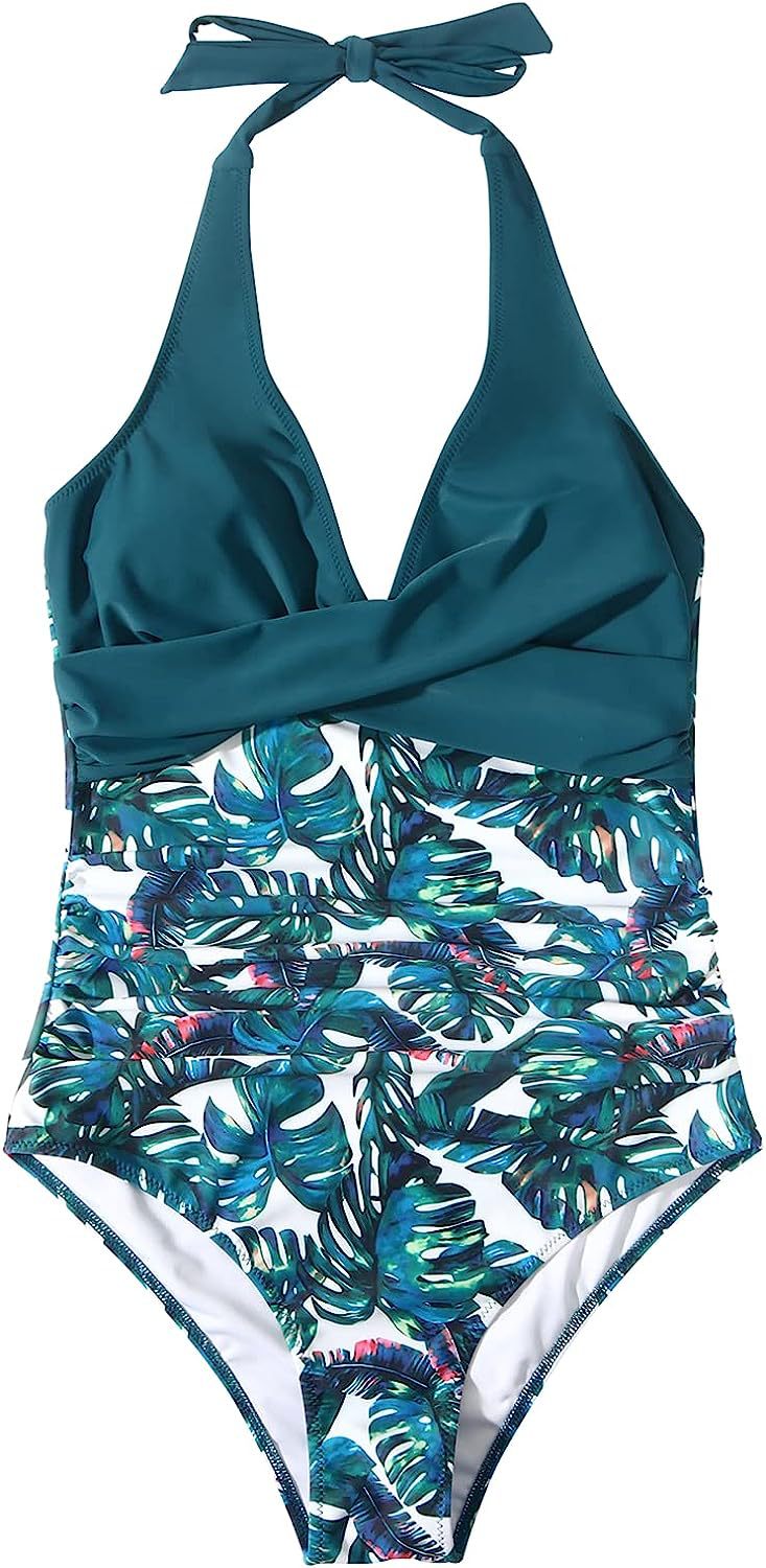 Chic und Stil | Halter-neck swimsuit with V-neckline and print