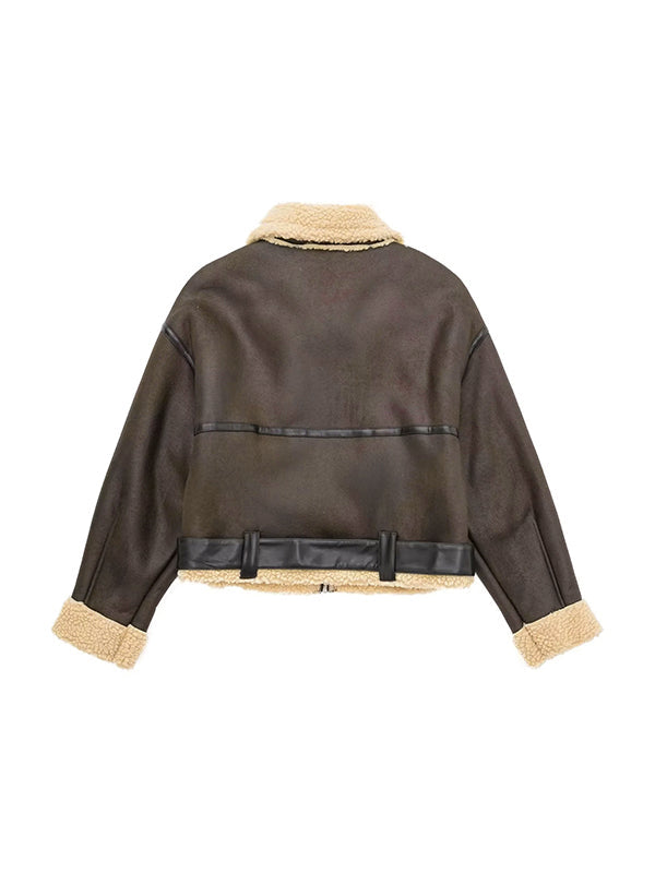 Lune London | Brown lambswool lined leather splice short jacket