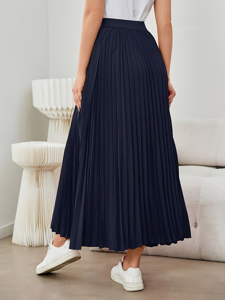 Lune London | Solid Color Pleated Midi Skirt with Elastic Waistband