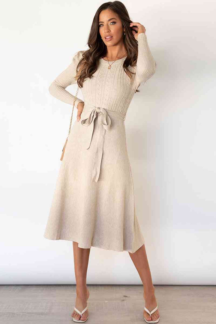 Lune London | Round Neck Long Sleeve Knot Waist Sweater Dress