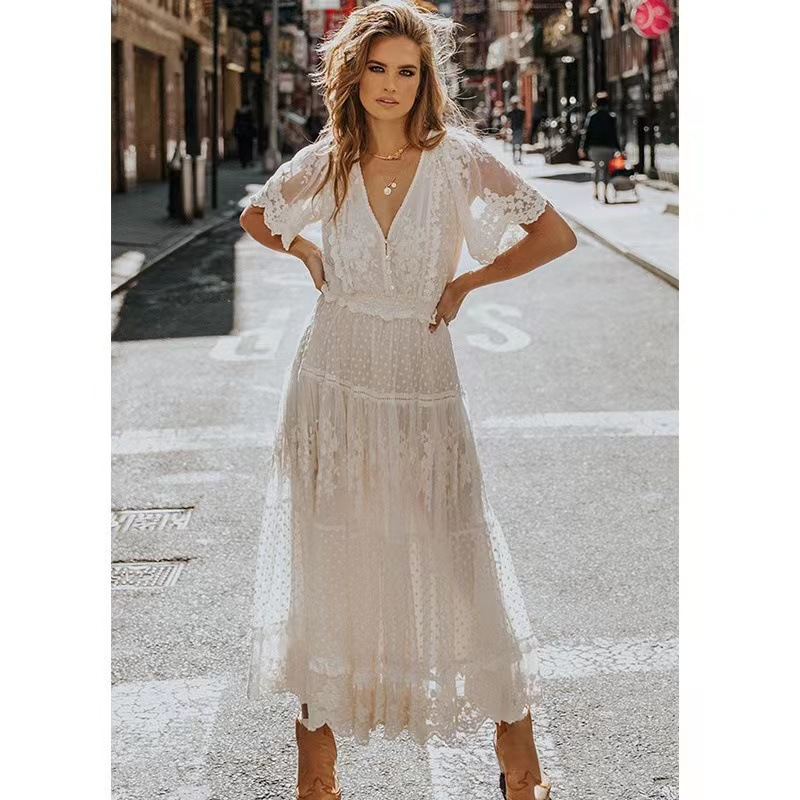 Lune London | White Lace Maxi Dress with Short Sleeves and Lace Neckline