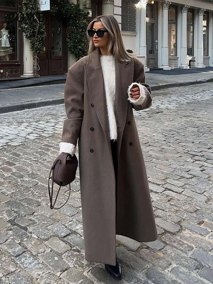 Lune London | Longer Coat - Wool - Loose Fit - Double-Breasted - Structured Shoulder - Long Sleeves
