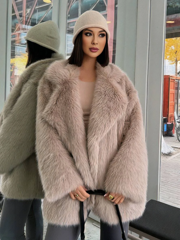 Lune London | Coat - Faux fur - Notched lapel - Belt bag - Mid-thigh length