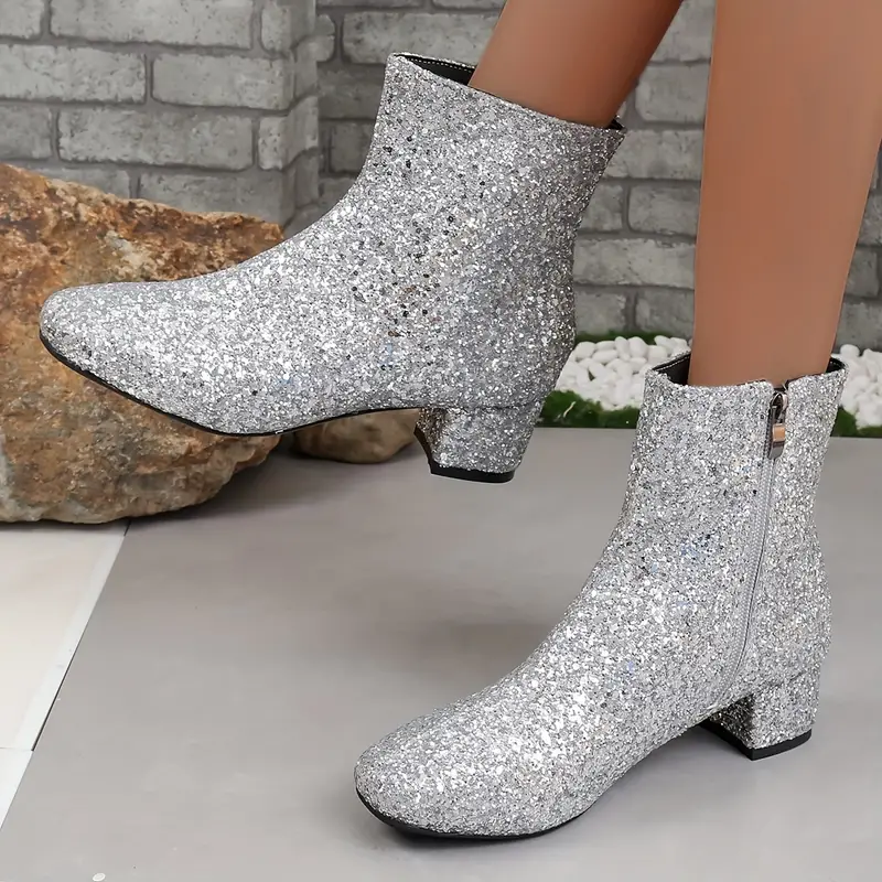 Lune London | Ankle Boots - Textile - Glitter Finish - Almond-shaped Toes - Medium Block Heel
