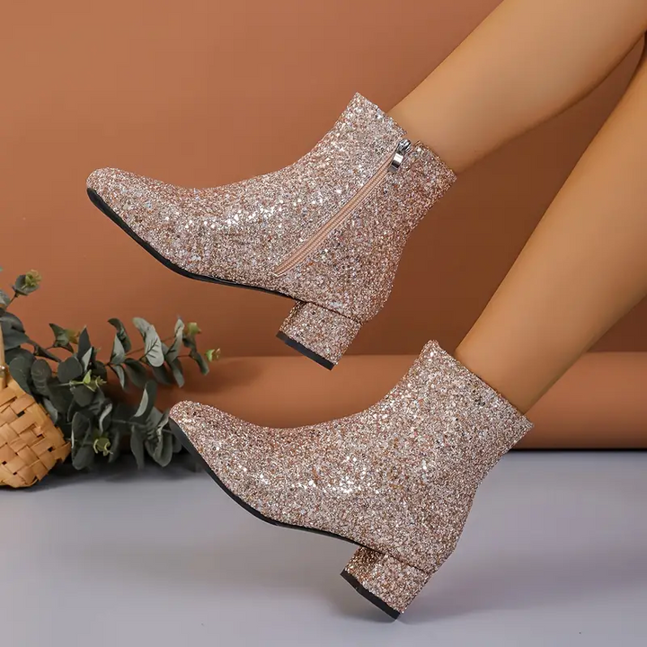 Lune London | Ankle Boots - Textile - Glitter Finish - Almond-shaped Toes - Medium Block Heel