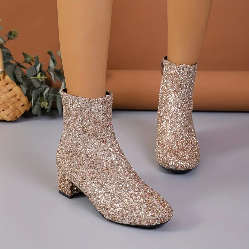 Lune London | Ankle Boots - Textile - Glitter Finish - Almond-shaped Toes - Medium Block Heel