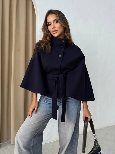 Lune London | Wool Belt Cloak Jacket - High Collar Loose Fit Cloak Jacket
