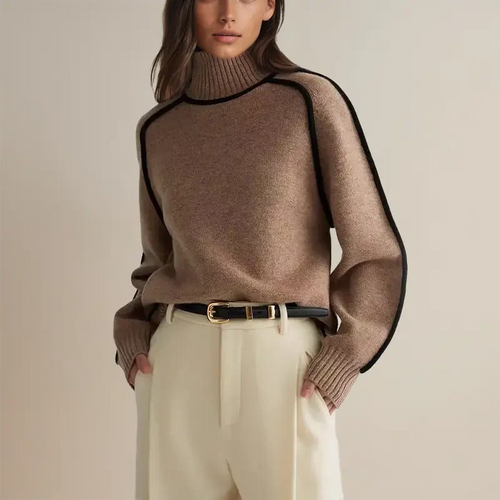 Lune London | Pullover Sweatshirt - Relaxed Fit - Mock-Turtleneck - Ribbed Cuffs - Wool Blend - Contrast Piping