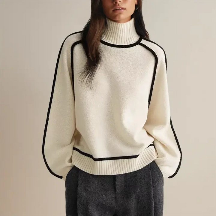 Lune London | Pullover Sweatshirt - Relaxed Fit - Mock-Turtleneck - Ribbed Cuffs - Wool Blend - Contrast Piping