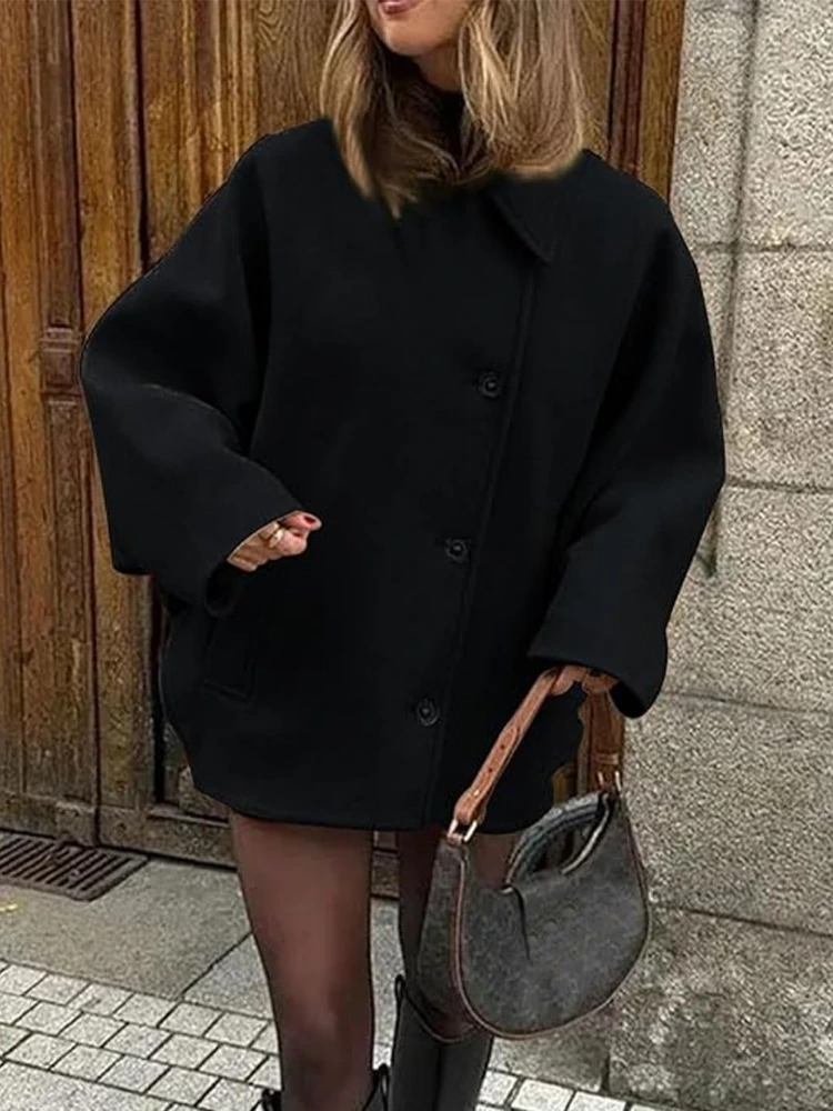 Lune London | Coat - Oversized Fit - Wool Look - Batwing Sleeves - Button Closure - Notched Collar