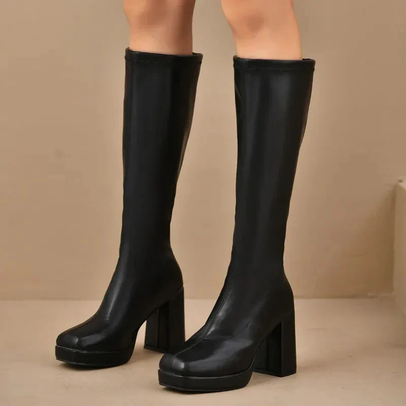 Lune London | Ankle High Boots Stretch Fit Platform Sole Block Heel Square Toe