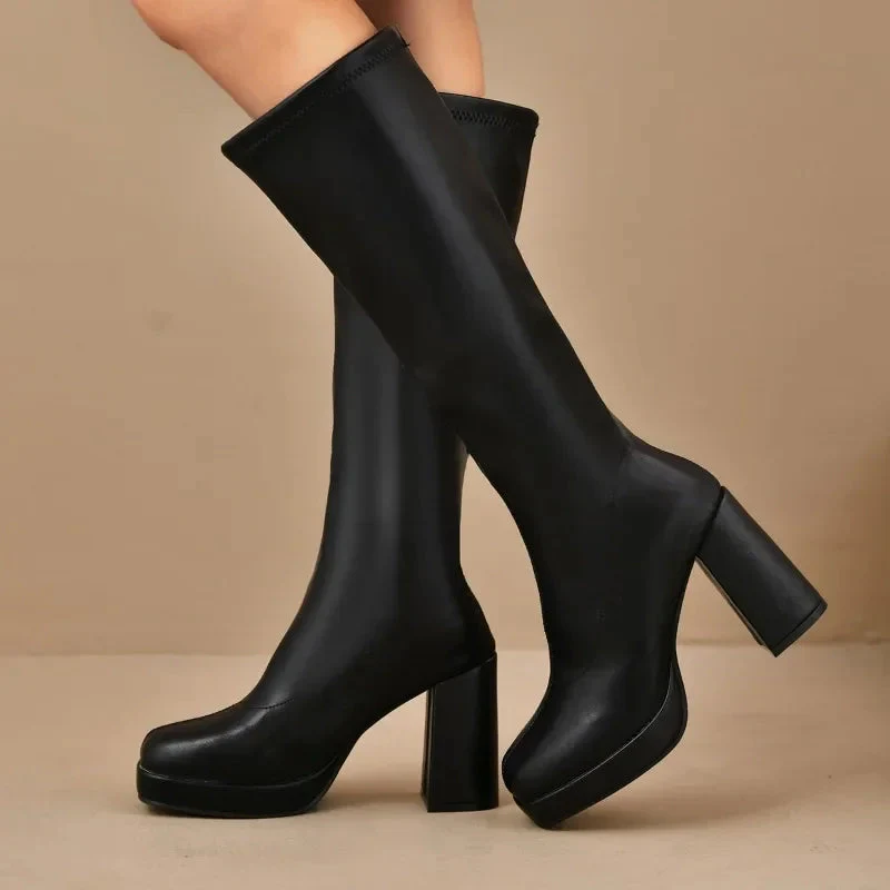 Lune London | Ankle High Boots Stretch Fit Platform Sole Block Heel Square Toe
