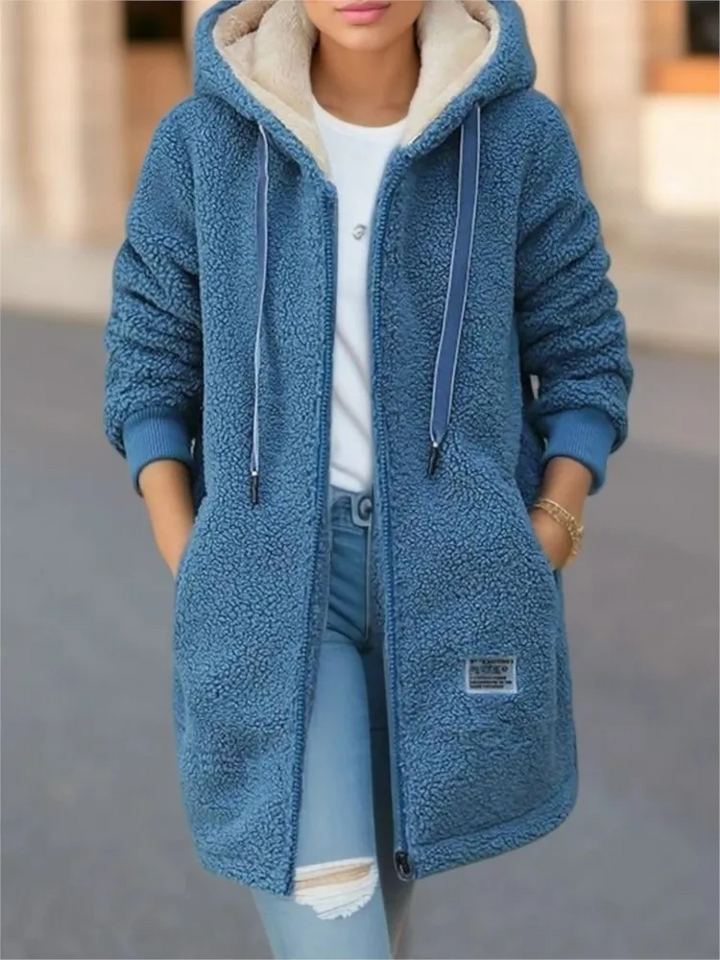 Lune London | Coat - Mid-length Loose Fit - Hood with Drawstring - Soft Fleece with Zipper