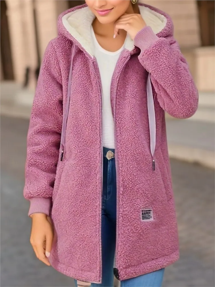 Lune London | Coat - Mid-length Loose Fit - Hood with Drawstring - Soft Fleece with Zipper