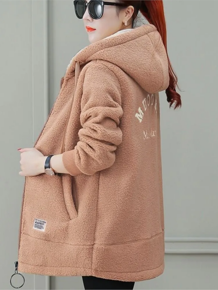 Lune London | Coat - Mid-length Loose Fit - Hood with Drawstring - Soft Fleece with Zipper