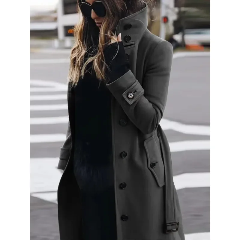 Chic und Stil | Coat - Wool - Slim Fit - Single-breasted - Long Sleeves - Stand Collar - Long Model