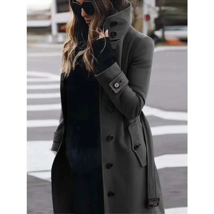 Chic und Stil | Coat - Wool - Slim Fit - Single-breasted - Long Sleeves - Stand Collar - Long Model