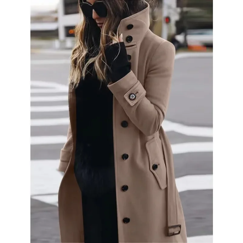 Chic und Stil | Coat - Wool - Slim Fit - Single-breasted - Long Sleeves - Stand Collar - Long Model