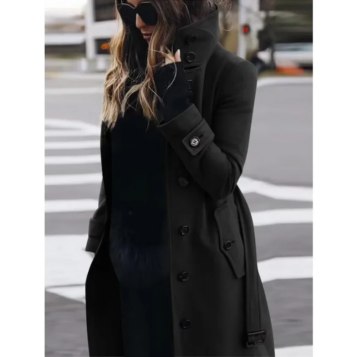 Chic und Stil | Coat - Wool - Slim Fit - Single-breasted - Long Sleeves - Stand Collar - Long Model