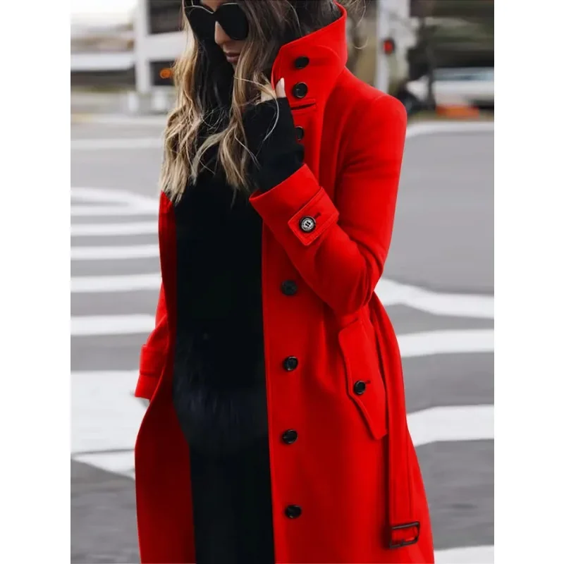 Chic und Stil | Coat - Wool - Slim Fit - Single-breasted - Long Sleeves - Stand Collar - Long Model