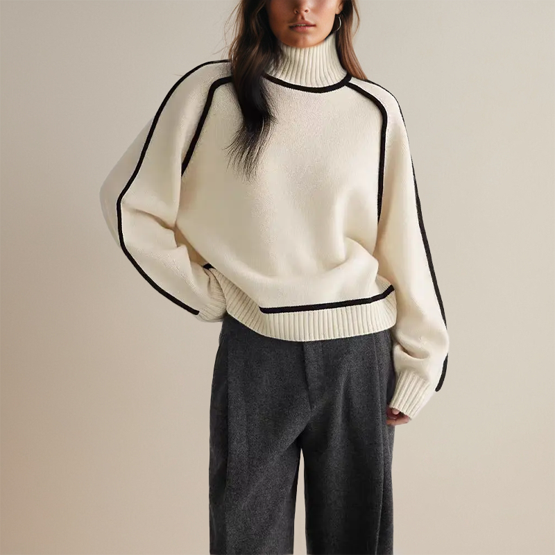 Lune London | Women's Warm Turtleneck Sweater with 3D Stripes Casual Knitted Sweater