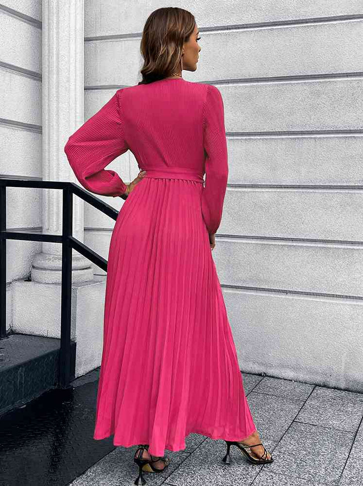 Lune London | V-neck Tie Belt Pleated Maxi Dress