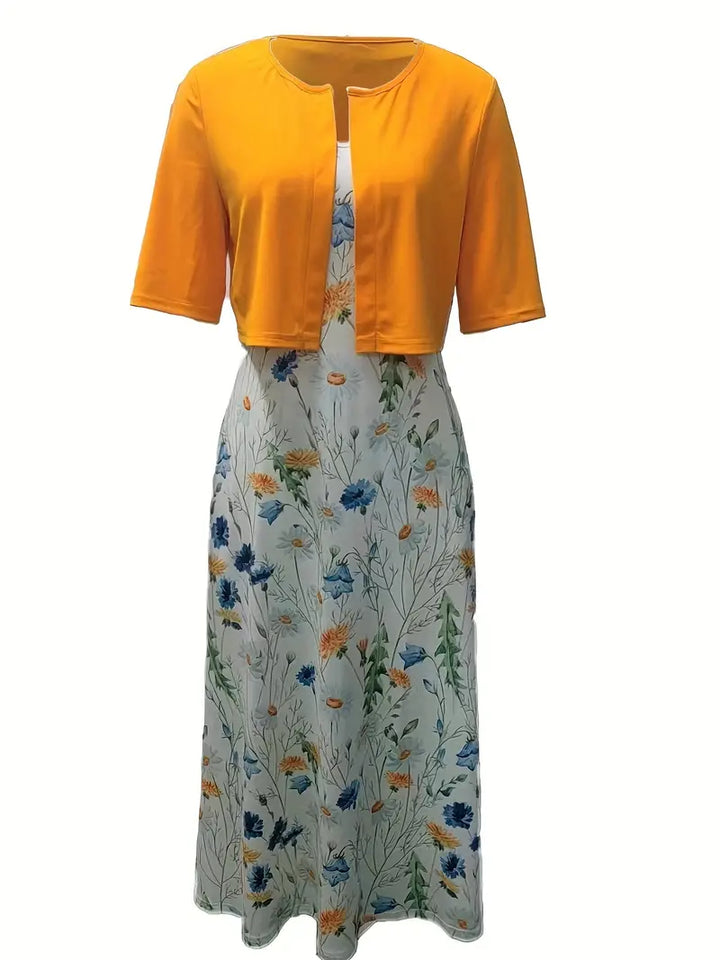Women’s Elegant Floral Two-Piece Dress Set with Crop Top & Round Neck | Lune London