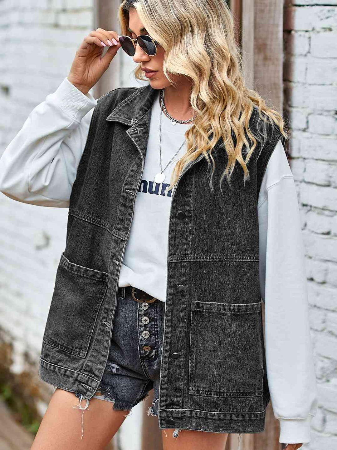 Lune London | Button-Front Sleeveless Denim Jacket
